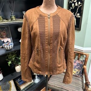 BNCI by Blanc Noir Faux Suede & Crochet Jacket – Cognac Brown, Size Large